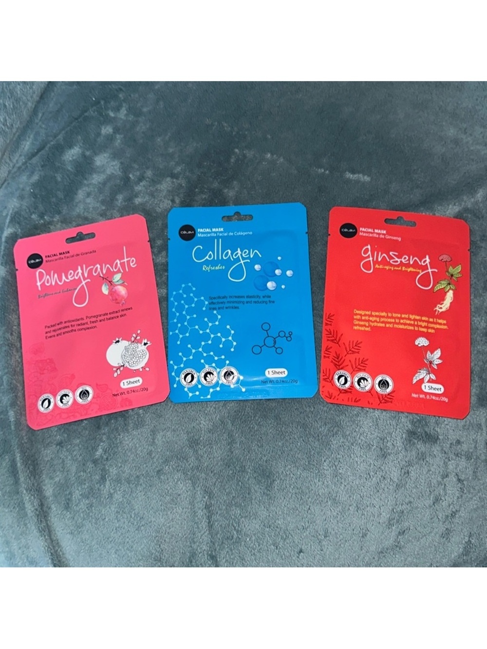 Celavi Facial Sheet Mask bundle of 3 New pomegranate, collagen, and ginseng
